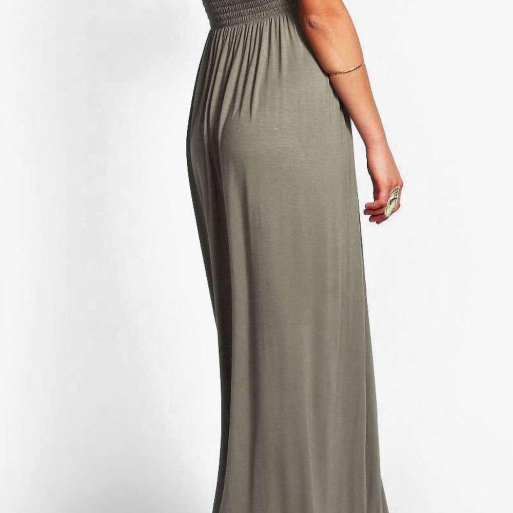 Boohoo Shelley Shirred Bandeau Maxi Dress KhaKi Size US 12 NWT